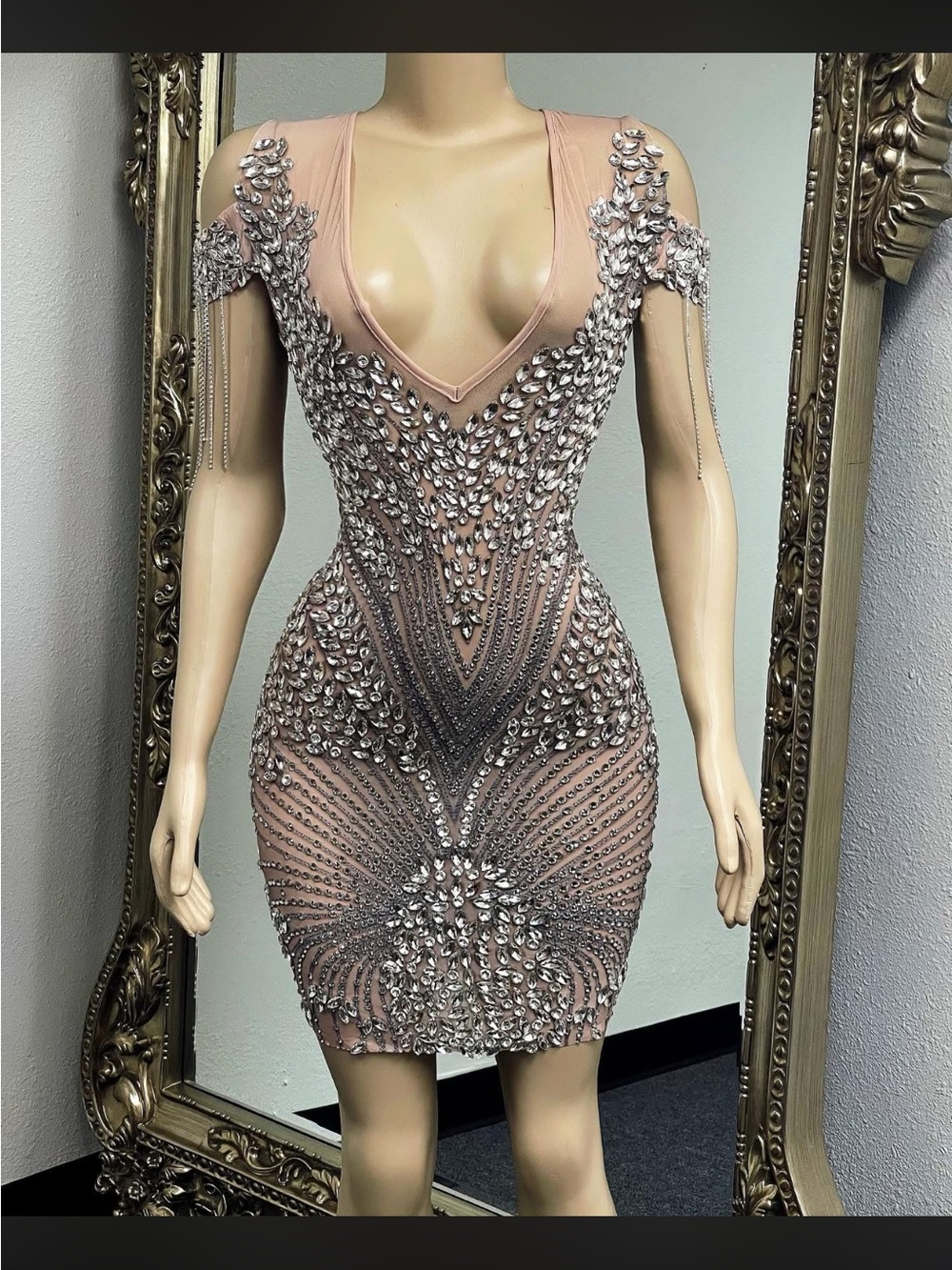Embellished Blush Pink Mini Dress with Crystal Detailing